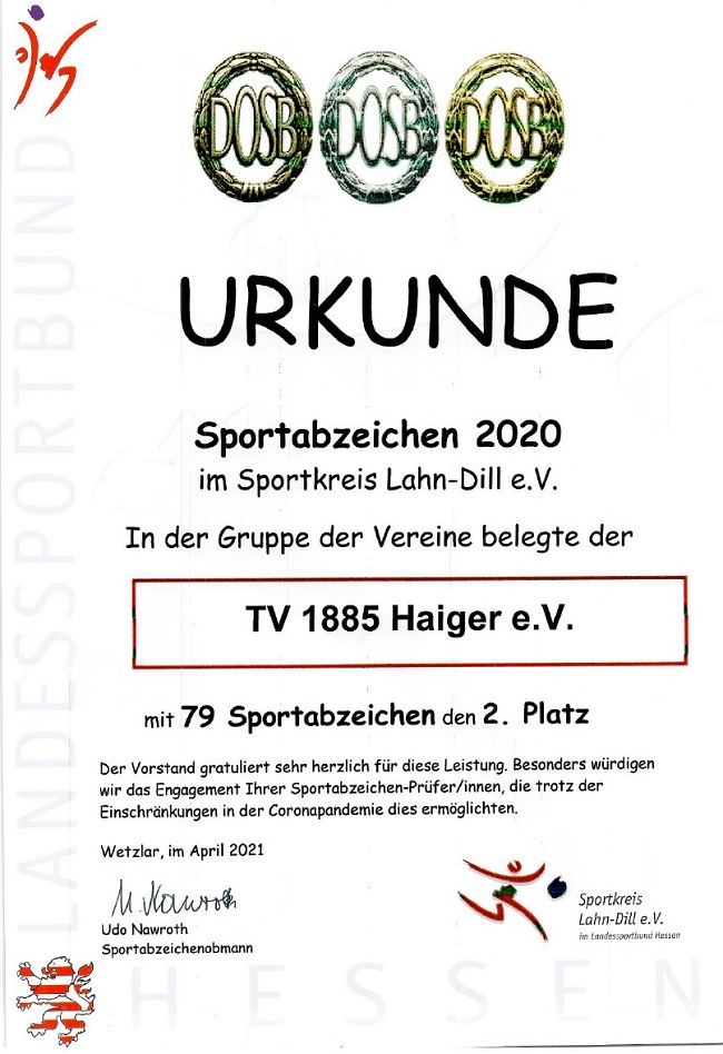 Urkunde für die Abnahme der Sportabzeichen in 2020