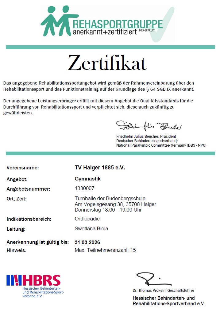 Zertifikat von Swetlana Biela für den Rehasport Orthopädie