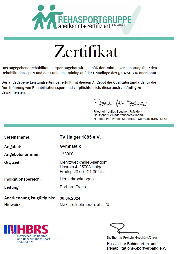Zertifikat von Barbara Frech für Koronar (Herzsport)