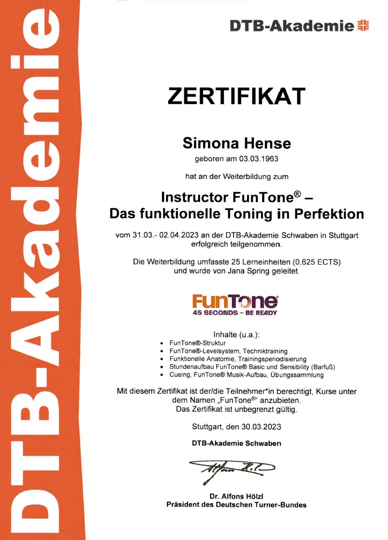 Zertifikat von Simona Hense für FunTone® Functional Toning