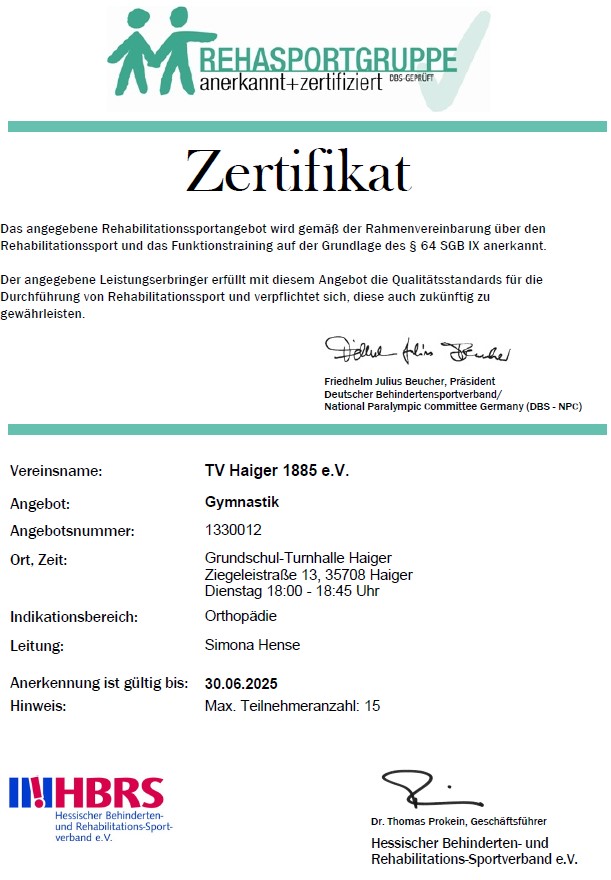 Zertifikat von Simona Hense für Rehasport Orthopädie