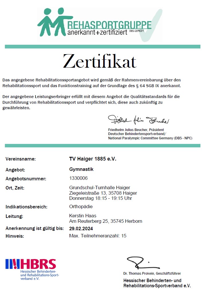 Zertifikat von Kerstin Haas für den Rehasport Orthopädie