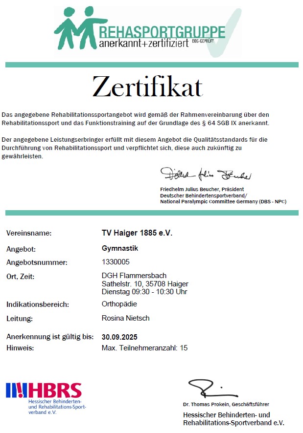 Zertifikat von Rosina Nietsch für Rehasport Orthopädie