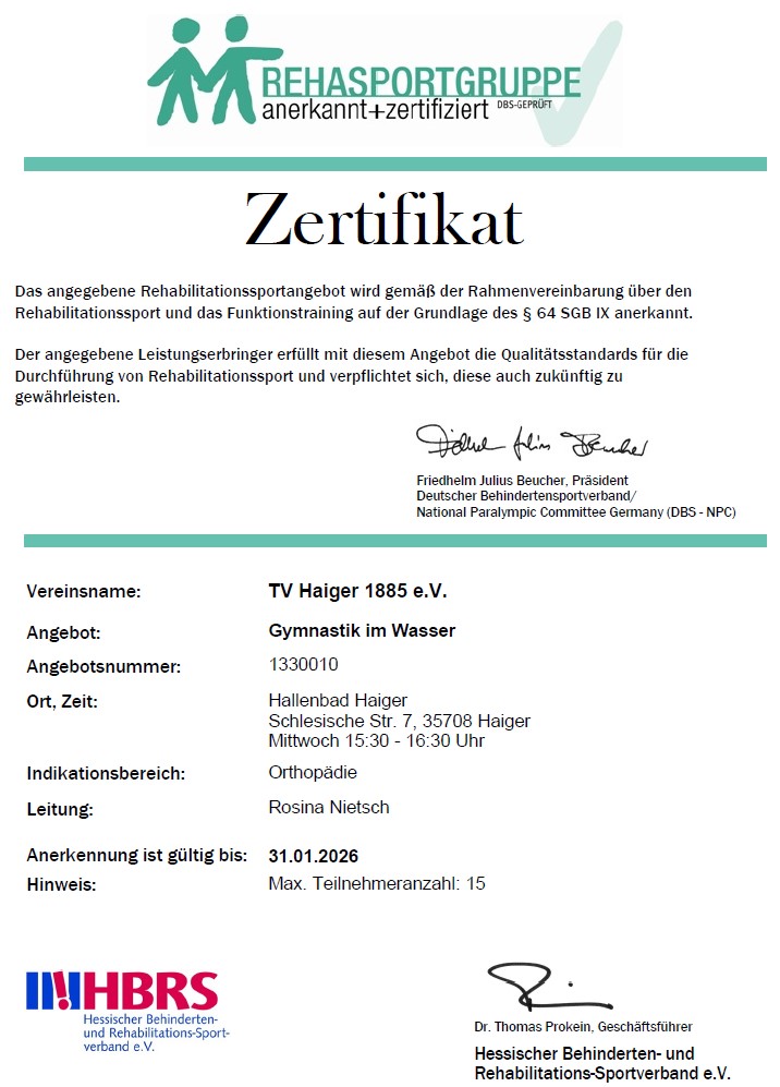 Zertifikat von Rosina Nietsch (Wassergymnastik mittwochs um 15:30 Uhr)